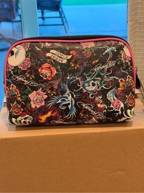 Ed Hardy Floral Tattoo Print Cosmetic Bag - Black & Pink